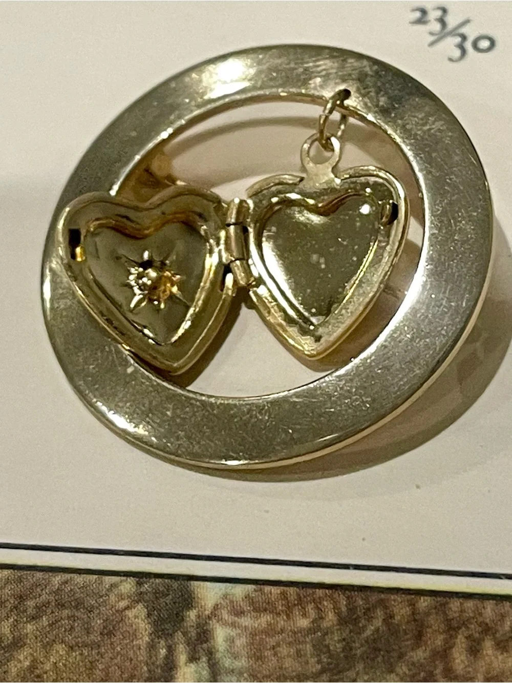 Vintage Gold Heart Locket with Starburst Diamond Flake-Circle Brooch